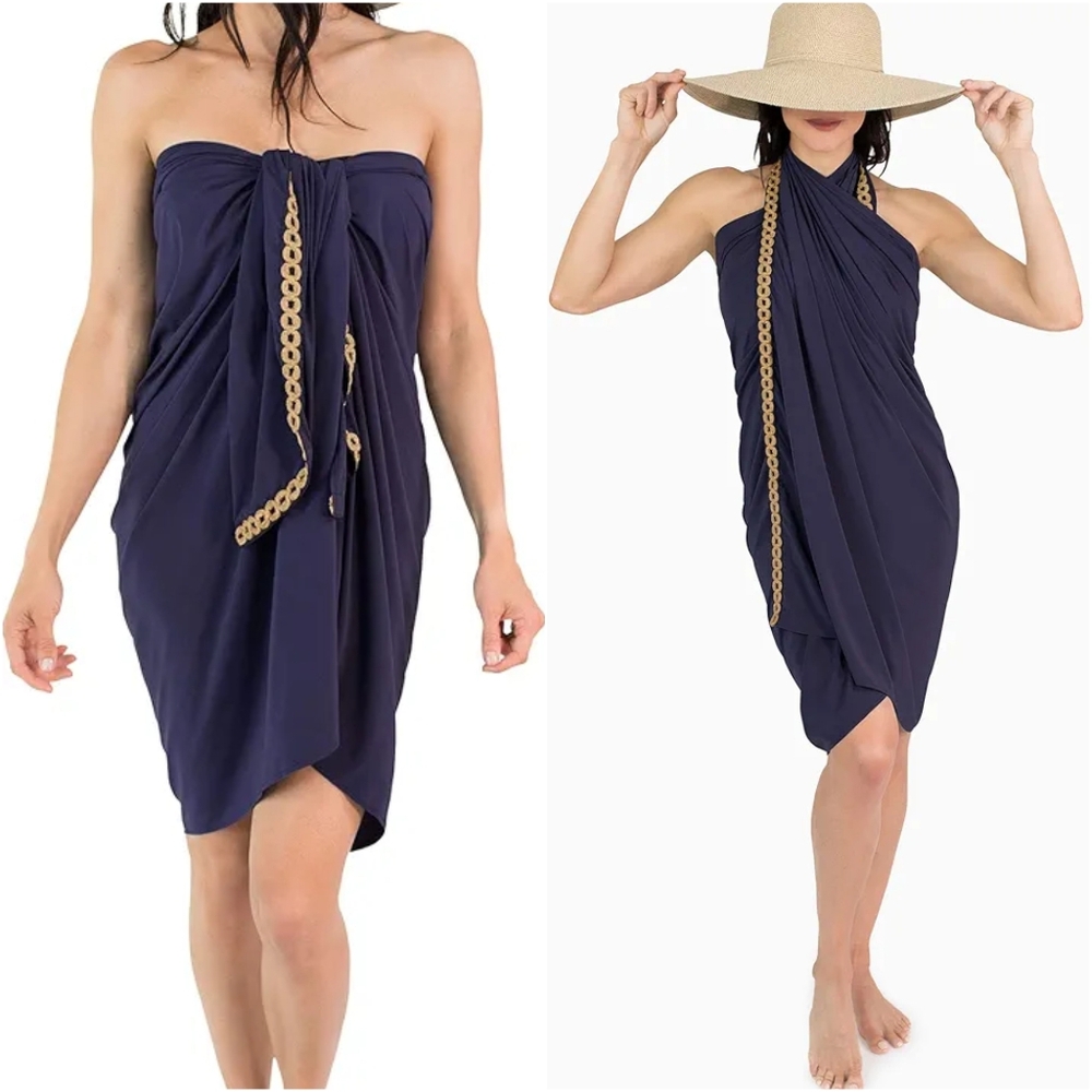 NEW! Sun50 Beach Cover-Up Convertible Resortwear Sarong Navy Gold Trim One Size